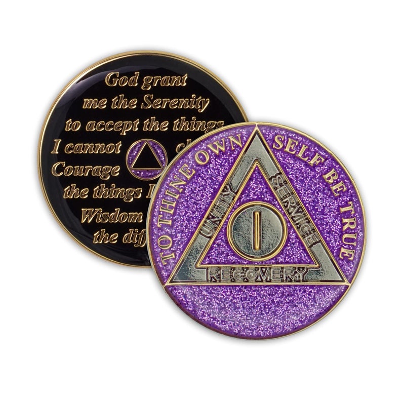1 Year Sobriety Coin Glitter Triplate AA Chip Recovery Anniversary Token Purple